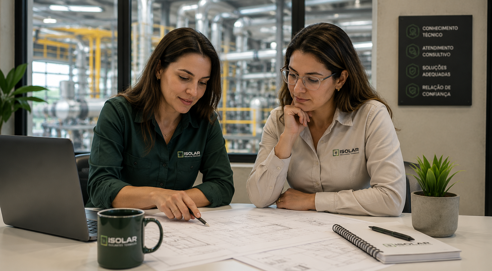 Equipe analisando um projeto de isolamento industrial